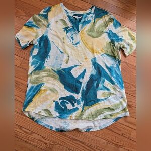 Abstract Brushstroke V-Neck Top in Teal, Olive & Mustard